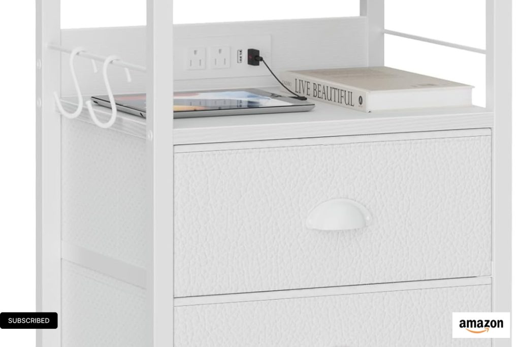 White Furologee End Table with USB Ports, Storage Drawers, and Charging Station for Bedroom or Living Room