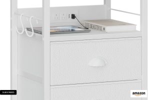 White Furologee End Table with USB Ports, Storage Drawers, and Charging Station for Bedroom or Living Room