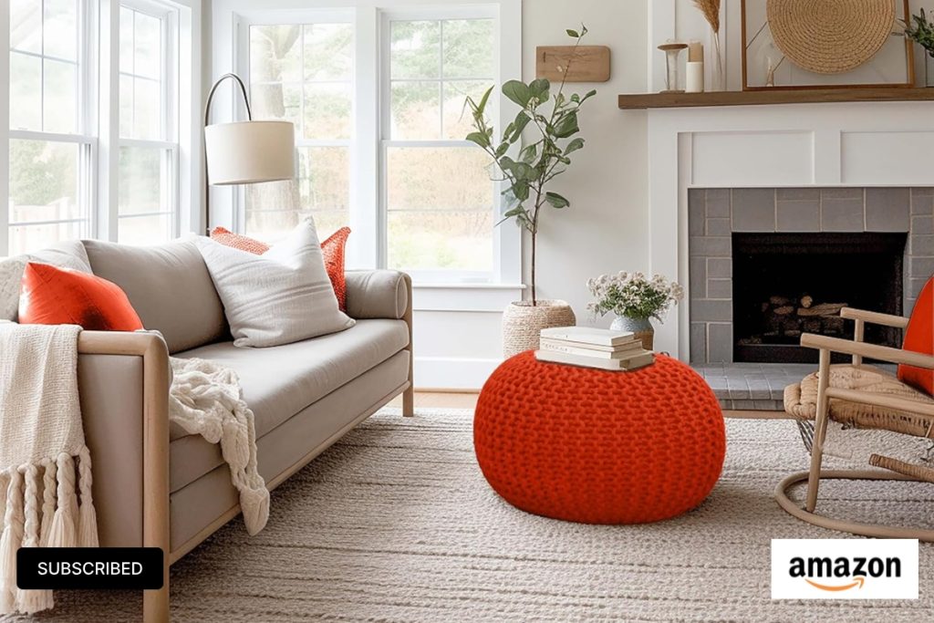 COTTON CRAFT Round Orange Pouf – Hand-Knitted Ottoman Footrest for Home Décor
