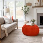 COTTON CRAFT Round Orange Pouf – Hand-Knitted Ottoman Footrest for Home Décor