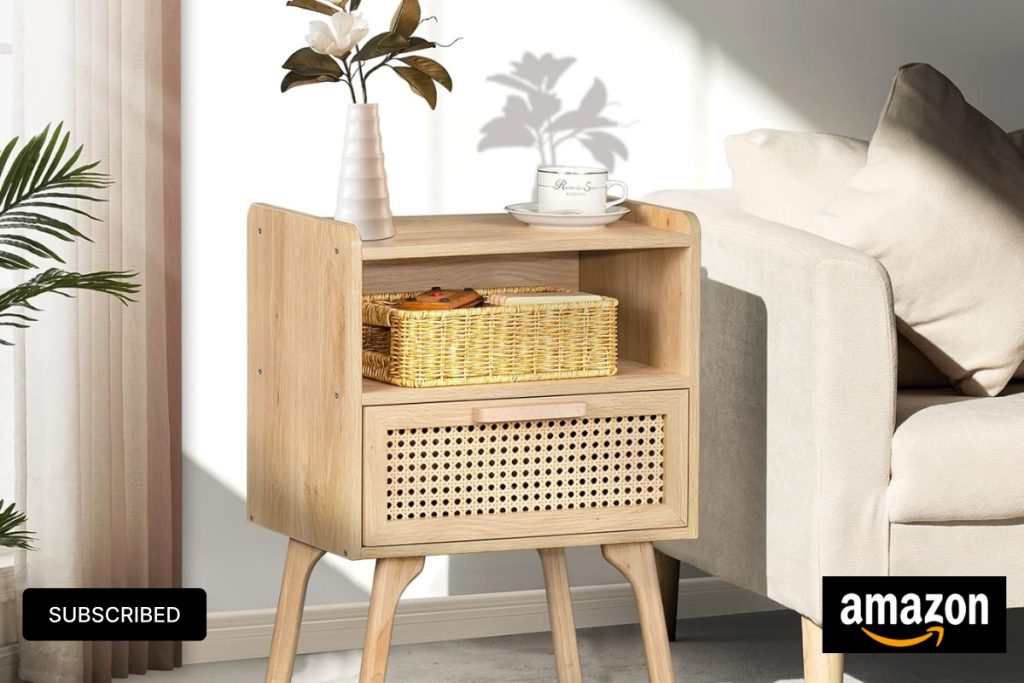 Lerliuo Boho Rattan Nightstands Set of 2 with Drawer and Shelf – Natural Finish