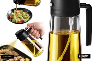TrendPlain Glass Olive Oil Sprayer for Kitchen Use – 2-in-1 Oil Dispenser, 16oz/470ml – Ideal for Air Fryer, BBQ, Salad, and Cooking – Black