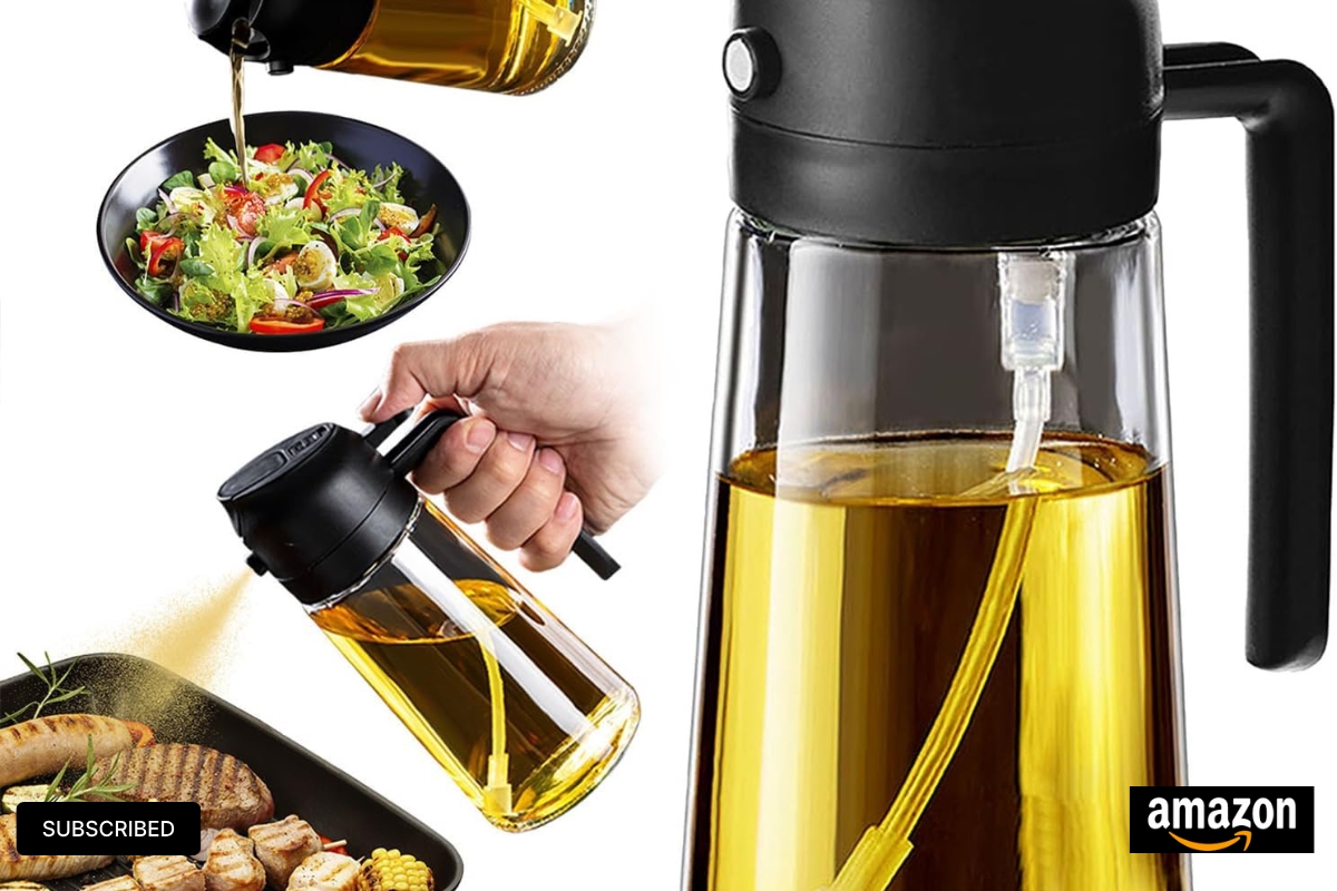 TrendPlain Glass Olive Oil Sprayer for Kitchen Use – 2-in-1 Oil Dispenser, 16oz/470ml – Ideal for Air Fryer, BBQ, Salad, and Cooking – Black
