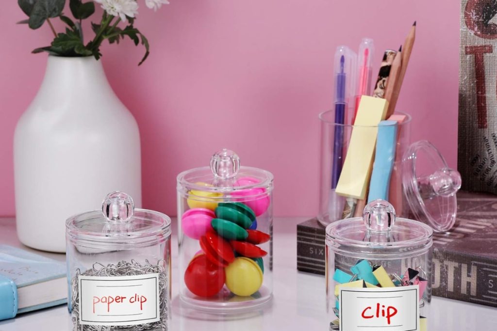 Clear Acrylic Qtip Holder Dispenser Set – 4 Pack Canisters for Bathroom Storage
