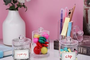 Clear Acrylic Qtip Holder Dispenser Set – 4 Pack Canisters for Bathroom Storage