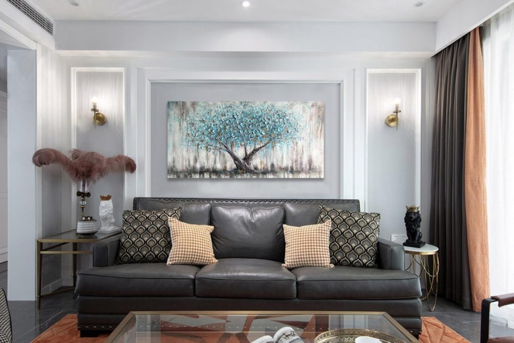 Teal Blue Arjun Tree Wall Art – Tree of Life Canvas for Modern Home Décor 40"x20"