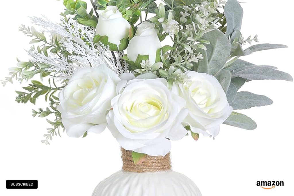 FOTEEWL artificial flowers in ceramic vase with white silk roses and eucalyptus, elegant table centerpiece for home or office decor