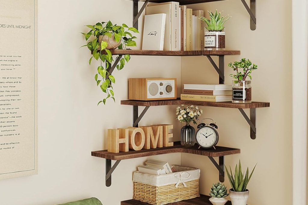 "Fixwal Floating Wall Shelves – Rustic Wood Corner Shelf Set for Bathroom, Kitchen, Bedroom – Dark Carbonized Black"