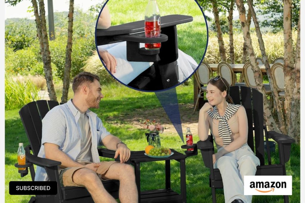Black folding Adirondack chair with wooden texture by poolside | Heavy-duty HDPE Adirondack chair with cup holder | Outdoor weather-resistant Adirondack chair folded