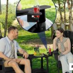 Black folding Adirondack chair with wooden texture by poolside | Heavy-duty HDPE Adirondack chair with cup holder | Outdoor weather-resistant Adirondack chair folded