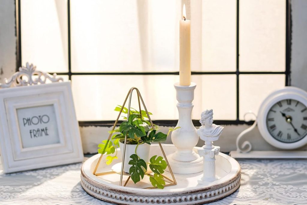 Hanobe White Washed Round Wooden Serving Tray with Bead Details