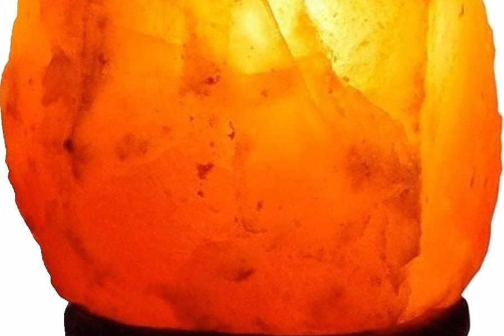 Hand-Carved Himalayan Salt Lamp with Wooden Base and Adjustable Dimmer