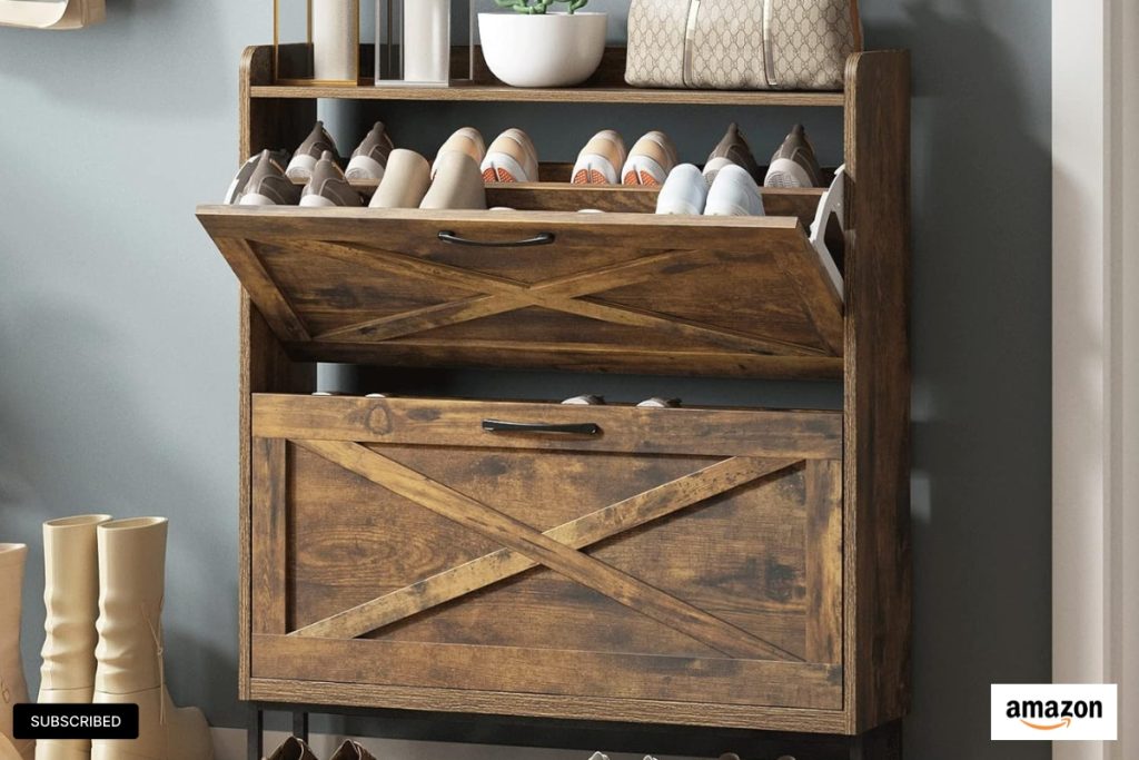 Rustic brown Maupvit shoe cabinet with 2 flip drawers and metal legs – compact and stylish organizer.