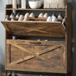 Rustic brown Maupvit shoe cabinet with 2 flip drawers and metal legs – compact and stylish organizer.