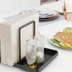 Black metal napkin holder with salt and pepper shaker caddy for table use