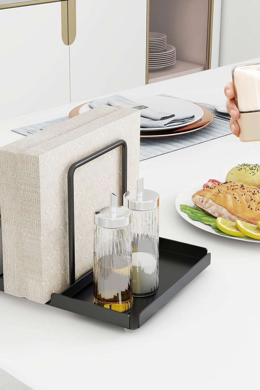 Black metal napkin holder with salt and pepper shaker caddy for table use