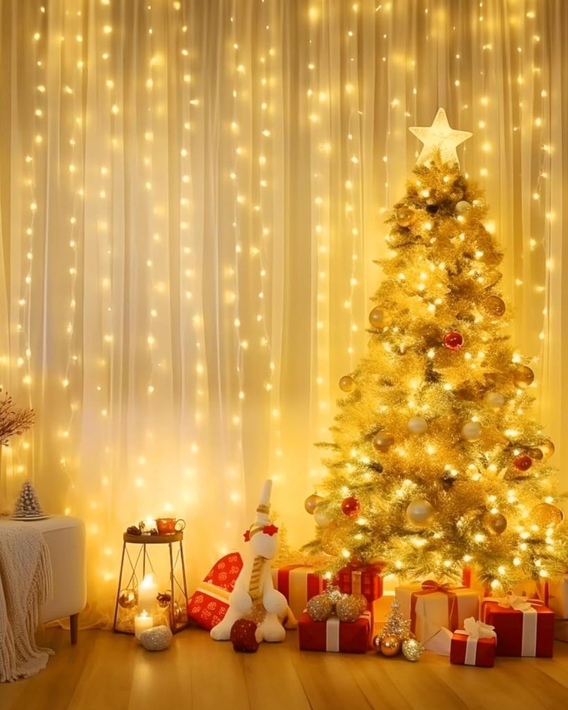 “Minetom 300 LED warm white curtain fairy lights with remote and timer, perfect for wall and room decor”