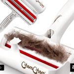 Chom Chom Roller Pet Hair Remover on a couch with visible fur before and after use