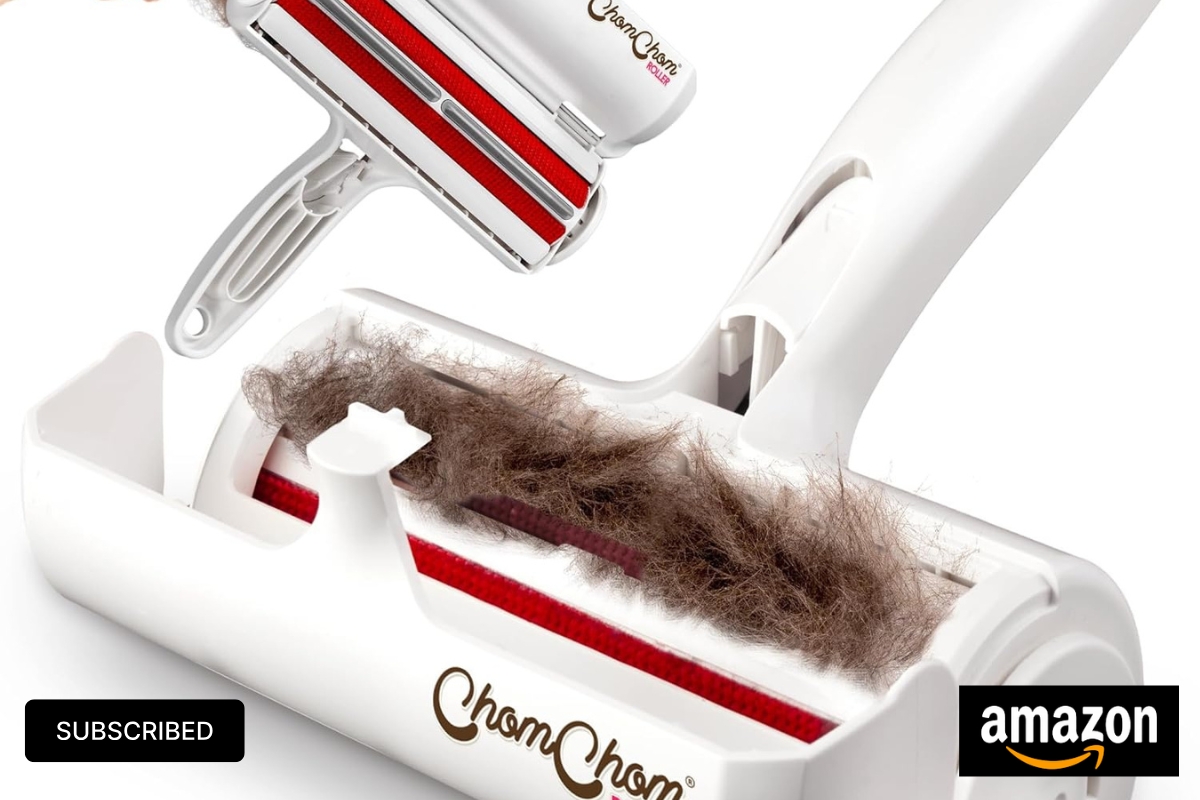 Chom Chom Roller Pet Hair Remover on a couch with visible fur before and after use