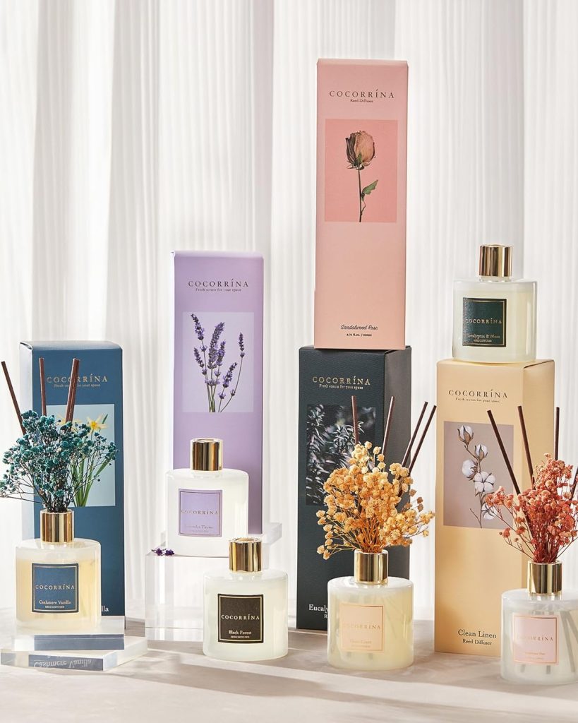Cocorrína Premium Reed Diffuser Set with preserved flowers and sandalwood rose scent