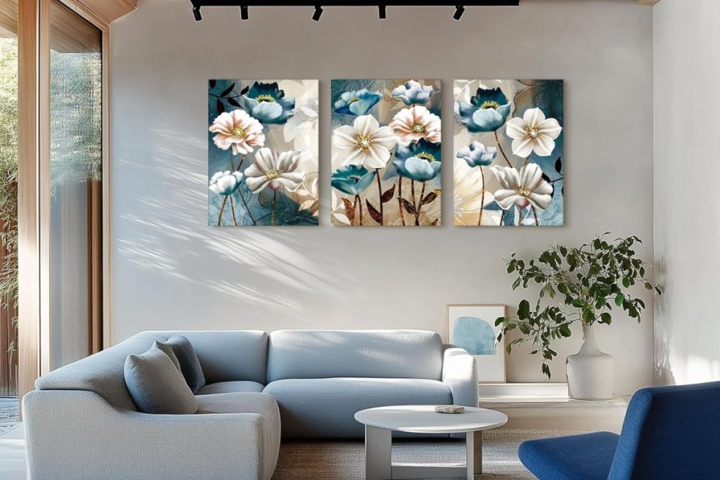 SERIMINO Blue Floral Lotus Wall Art 3-Piece Canvas Set – Elegant Home Décor for Living Room and More