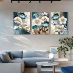 SERIMINO Blue Floral Lotus Wall Art 3-Piece Canvas Set – Elegant Home Décor for Living Room and More