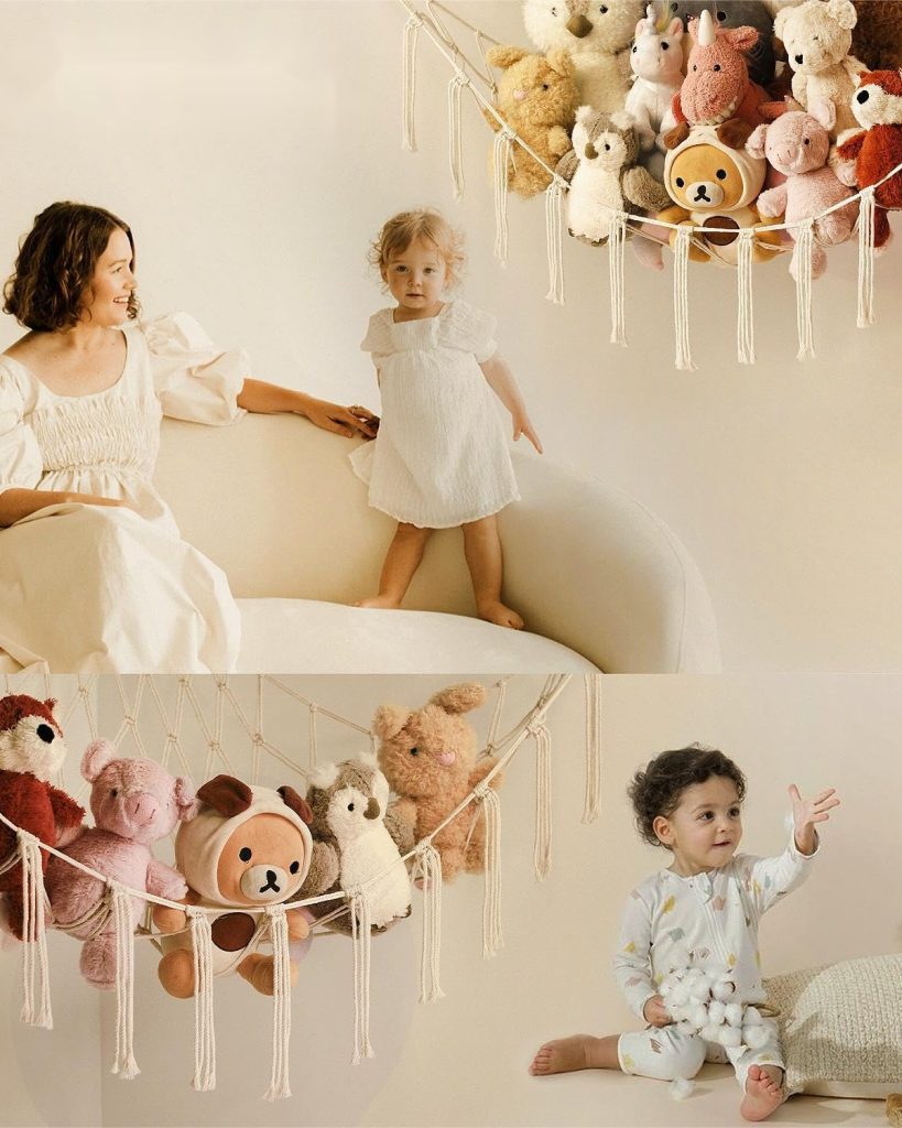 Large toy hammock net full of stuffed animals in a cozy nursery corner