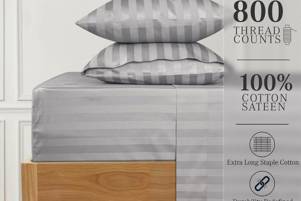 Silver Grey URBANHUT 800 Thread Count Egyptian Cotton Damask Striped King Size Sheets – 4 Pc Set