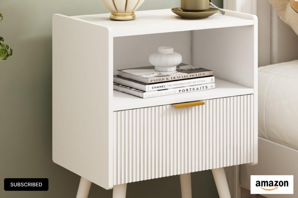 Modern white nightstand with drawer and open shelf for bedroom or living room