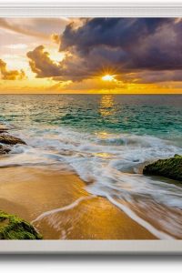 "Canvas wall art showing calm ocean waves and a vibrant sunset through a fake window view – coastal beach decor by Renditions Gallery, 12x18 inch print"