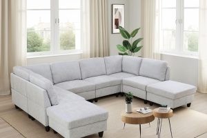 Modern cozy budget-friendly living room with creative furniture arrangement, compact and stylish layout