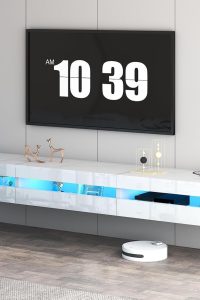 94.5-inch wall mounted floating TV stand in high gloss finish for up to 100 inch TVsModern wooden entertainment center with built-in power outlet and storage