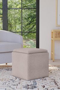 Light brown woven upholstered square storage ottoman by HomePop with reversible tray top, ideal for living room or bedroom use