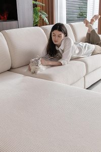 Ivory stretch sectional couch cover for chair – washable, anti-slip sofa slipcover ideal for pet owners