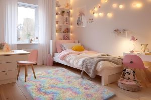 “Colorful and modern kids' room with budget-friendly DIY decorations and playful furniture setup.”