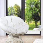 OSP Wicker Papasan Chair – White Frame with White Cushion, 360-Degree Swivel