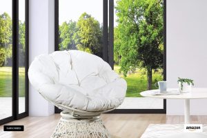 OSP Wicker Papasan Chair – White Frame with White Cushion, 360-Degree Swivel