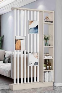 Modern floor to ceiling room divider with built-in shelves, 120cm privacy screen for home, office, and hotel spaces