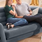 "Intex inflatable pull-out sofa queen size – gray velvety surface with cupholder and mattress bed"