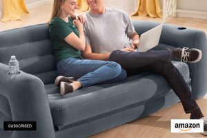 "Intex inflatable pull-out sofa queen size – gray velvety surface with cupholder and mattress bed"
