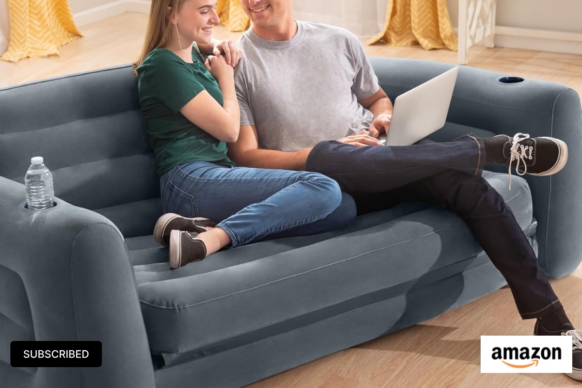 Intex inflatable pull-out sofa queen size – gray velvety surface with cupholder and mattress bed