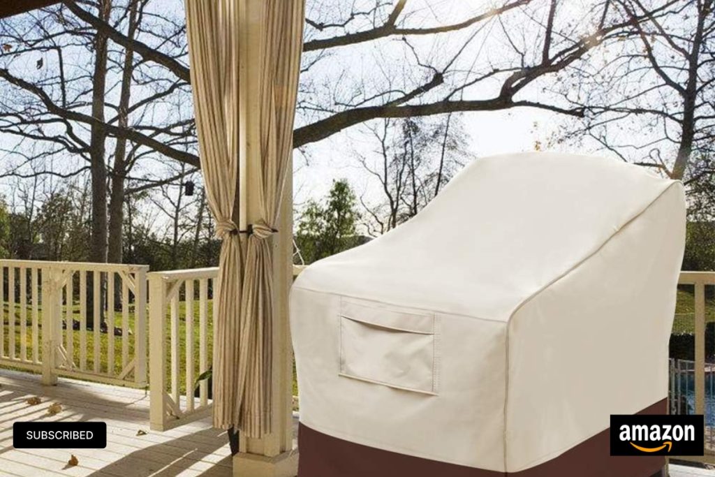 Vailge heavy-duty patio chair covers (2 pack) in beige and brown, waterproof and large-sized for deep lounge seats.