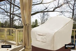 Vailge heavy-duty patio chair covers (2 pack) in beige and brown, waterproof and large-sized for deep lounge seats.