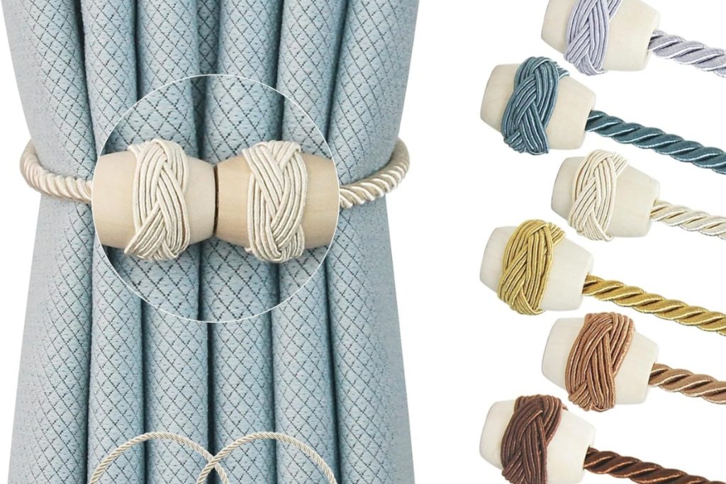 Handmade beige magnetic curtain tiebacks – decorative rope holders for drapes and windows (2-Pack)