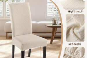 Stretchable Beige Rhombus Dining Chair Covers by SearchI – Set of 4