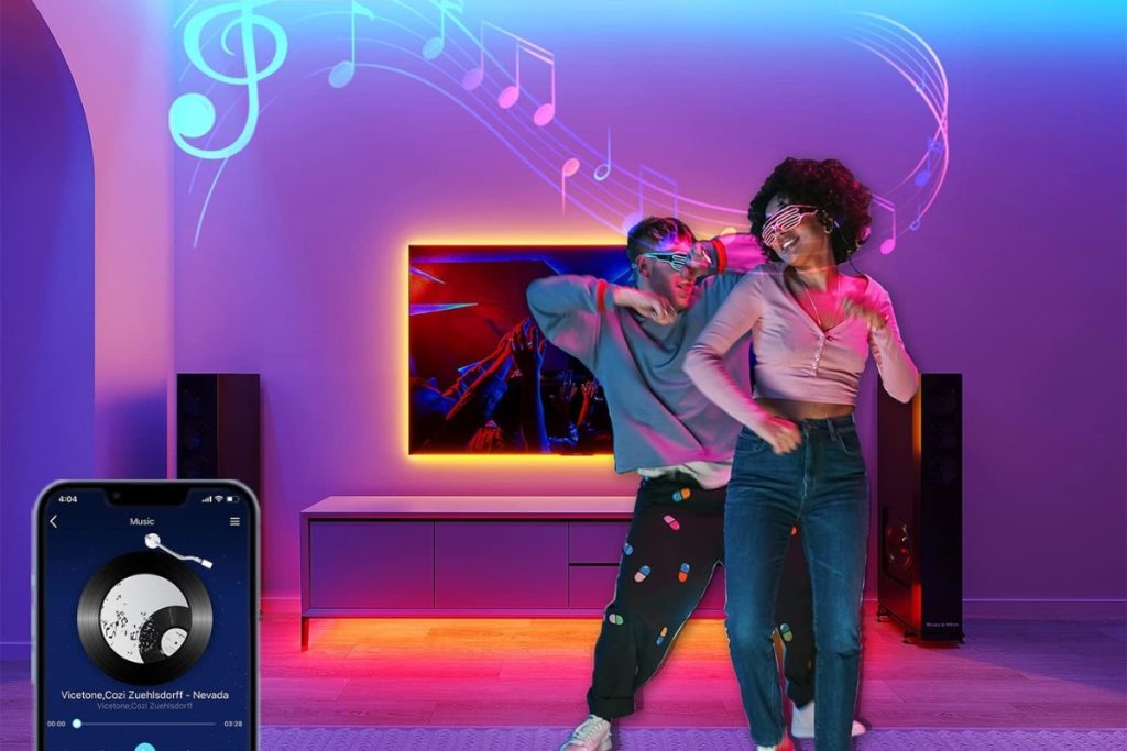 “100ft RGB LED Strip Lights with App and Remote Control – Bedroom and Party Decor Lighting”