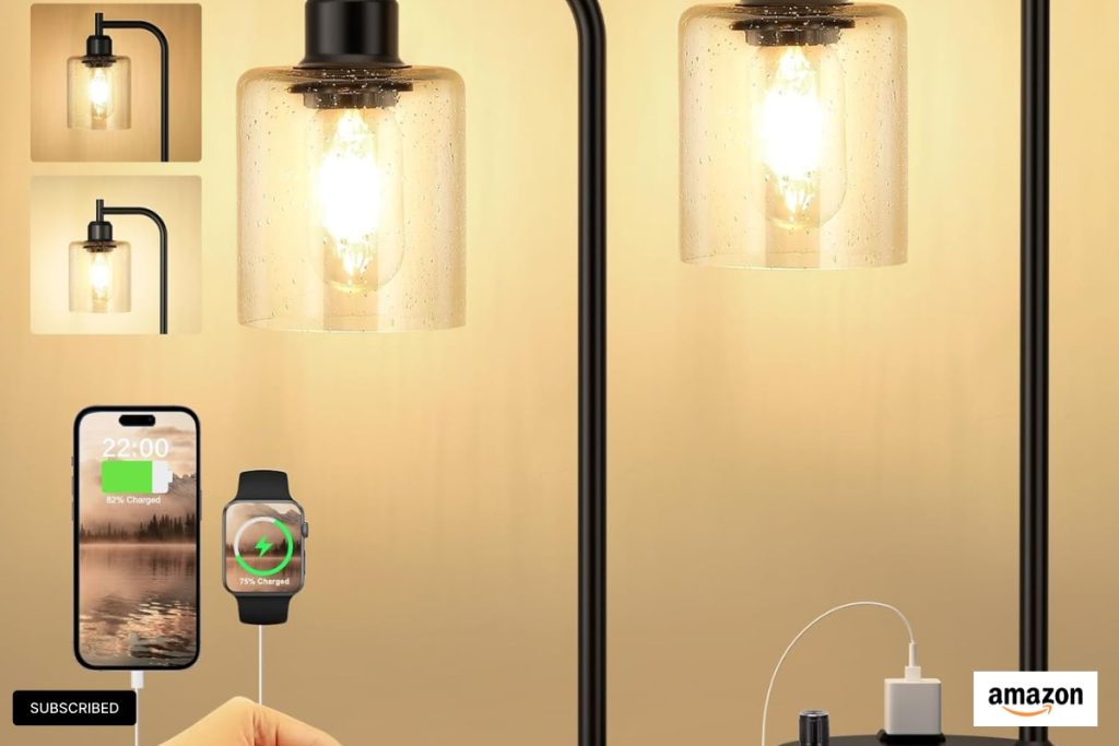 Industrial black bedside lamps with dimmable light, USB charging ports, and glass shade – set of 2