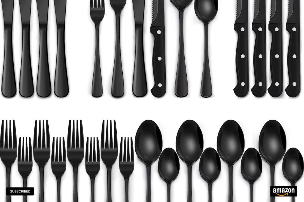 Black silverware set with steak knives – 24-piece stainless steel flatware for home and restaurants