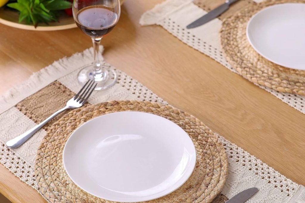 Handmade Boho Placemats Set of 6 – Natural Cotton, Burlap & Woven Straw Combo in Farmhouse Style