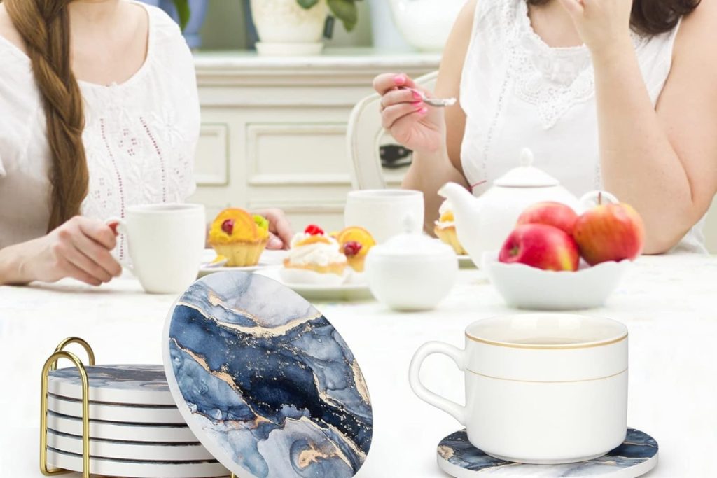 “Navy Blue Marble Abstract Ceramic Coaster Set with Holder – Decorative and Absorbent Drink Coasters”